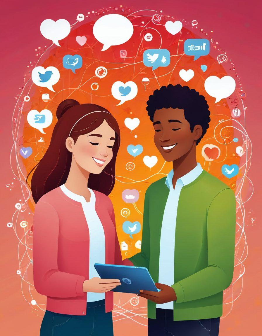 A vibrant illustration of two people engaging over a digital device, surrounded by floating icons of social media likes, hearts, and chat bubbles. The background showcases a blend of warm and inviting colors, encapsulating the emotional highs of modern relationships. Add subtle elements of connections like lines interlinking across the image, symbolizing networking. The overall feel should evoke intimacy and connection. super-realistic. vibrant colors. white background.