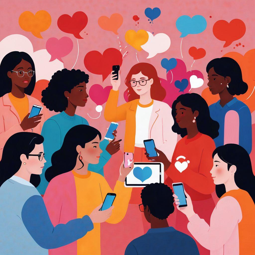 A vibrant scene depicting diverse individuals engaged in both online and face-to-face interactions, showcasing a blend of digital devices and heartfelt conversations. The background features abstract representations of social media platforms, intertwined with warm, expressive colors symbolizing love and friendship. Include elements like hearts and chat bubbles to enhance the theme of connection. super-realistic. vibrant colors. digital art.
