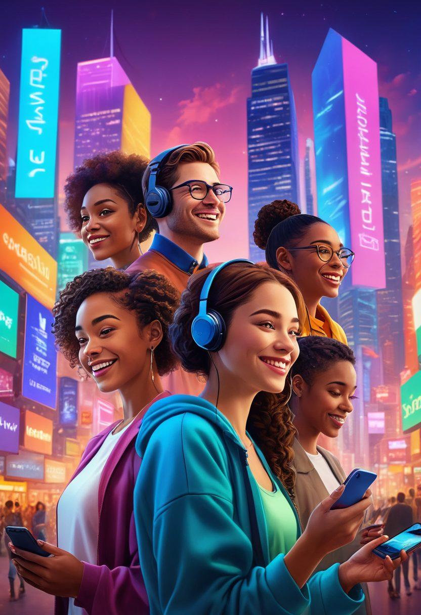 A diverse group of people interacting through various digital devices, showcasing connections over video calls, social media notifications, and messaging apps, set against a background of vibrant cityscapes symbolizing a digital world. Emphasize warmth and support in their expressions, with a blend of technology and humanity. super-realistic. vibrant colors. 3D.